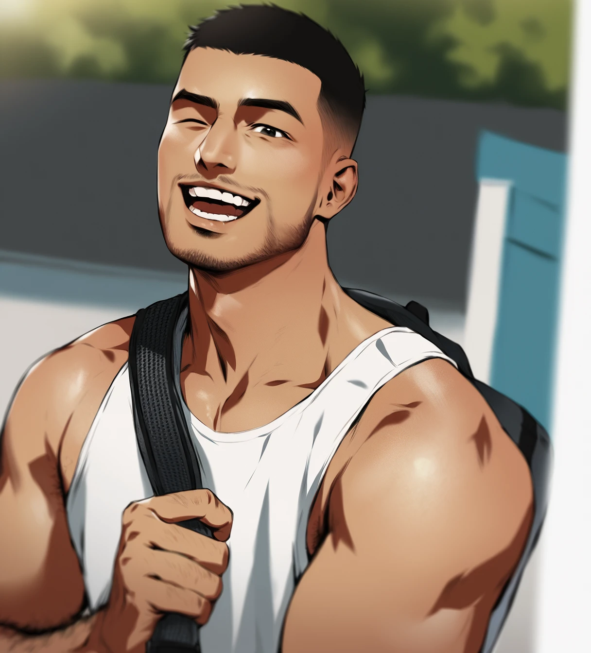 score_9, score_8, score_7, justin_hyungry, solo, looking at viewer, smile, short hair, open mouth, shirt, black hair, 1boy, white shirt, upper body, male focus, one eye closed, teeth, bag, blurry, facial hair, backpack, tank top, very short hair, white tank top, buzz cut, realistic, dizdoodz