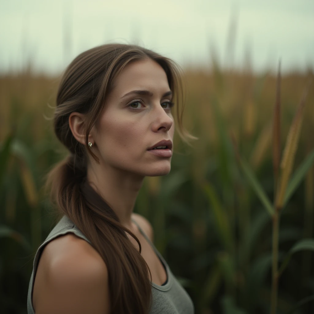 cinematic film still of  <lora:Interstellar style v1:0.5>
In 2067, dystopian science fiction world a woman standing in front of a field of corn, 1girl, solo, long hair, brown hair, brown eyes, upper body, ponytail, outdoors, parted lips, blurry, lips, looking to the side, blurry background, realistic, sci-fi, futuristic, movie themed, sharp, detailed, epic cinematic photography, artistic, dramatic light, cinematic color style, Kodak film style, Interstellar style, photorealistic, shallow depth of field, vignette, highly detailed, high budget, bokeh, cinemascope, moody, epic, gorgeous, film grain, grainy