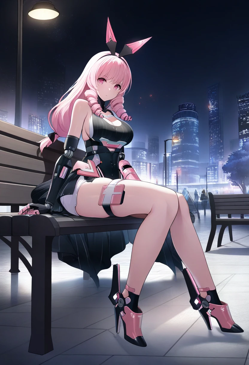 upper body, pink hair, pink eyes, drill sidelocks, low-tied long hair, mechanical arms,
fake animal ears,
black leotard,
shorts, white shorts, short shorts, showgirl skirt, cleavage cutout,  skindentation,
thigh strap,
sitting, full body, bench, park, lamppost, volumetric lighting,
high heels,
city, paint, night, bokeh, in focus, dark, fluorescent, science fiction, outdoors,
subsurface scattering,
high heels, mecha musume, 
masterpiece, best quality,
 <lora:aylakaleidoNOOB10:1>