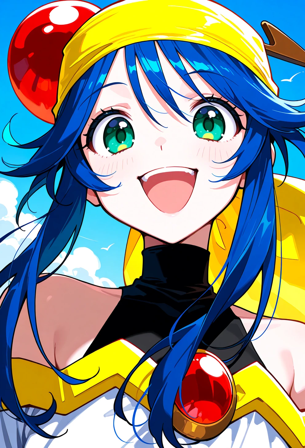 masterpiece, best quality, high quality, anime, <lora:AELimeIlx:1>
AELime, green eyes, blue hair, long sidelocks, short hair with long locks, yellow bandana, hair bobble, bare shoulders, off-shoulder shirt, white shirt, long sleeves, wide sleeves, black bodysuit, turtleneck bodysuit, bodysuit under clothes, 
portrait, smile, open mouth, fang, blue sky, wind,