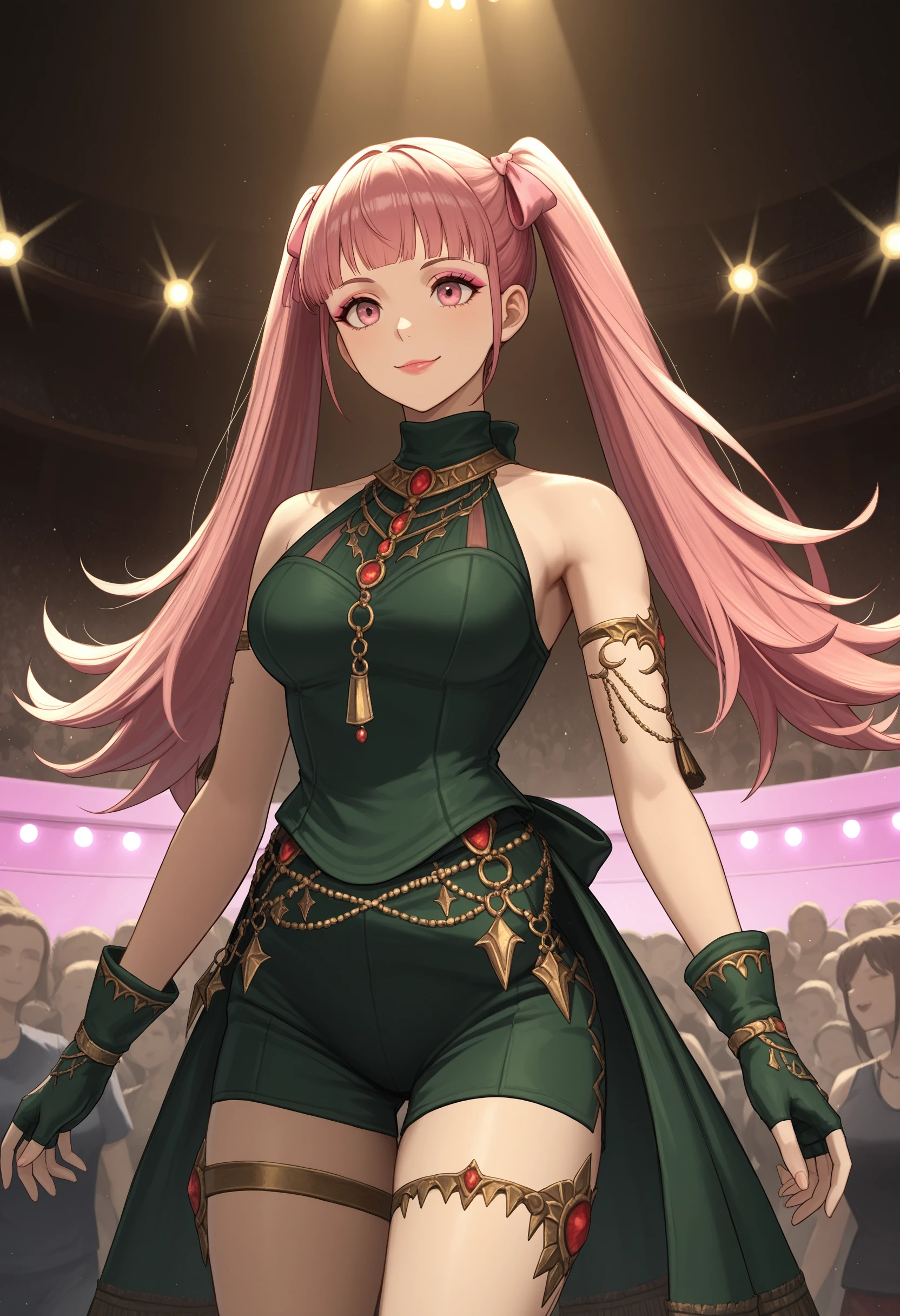 masterpiece, best quality,1girl, cowboy shot, ((center stage, crowd,  stage lights):1.5), lipstick, pastel eyeshadow,  etoile dancer, bare shoulders, fingerless gloves, jewelry, fringe trim, shorts, bow, hair ornament, hair ribbon, armlet, thigh strap,dancer skirt, , <lora:Etoile_DancerIL:1> ,
hilda valentine goneril,  (green clothing:1.5),pink ribbon, twintails, long hair, smile