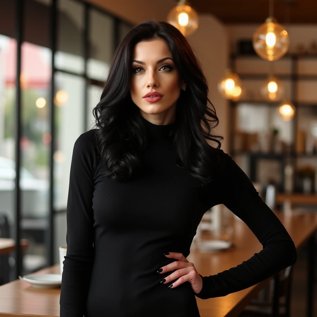 <lora:Rosi Ivanova:1>highly detailed image of a woman with dark wavy hair, she is wearing a turtleneck dress standing in a cafe looking at the viewer