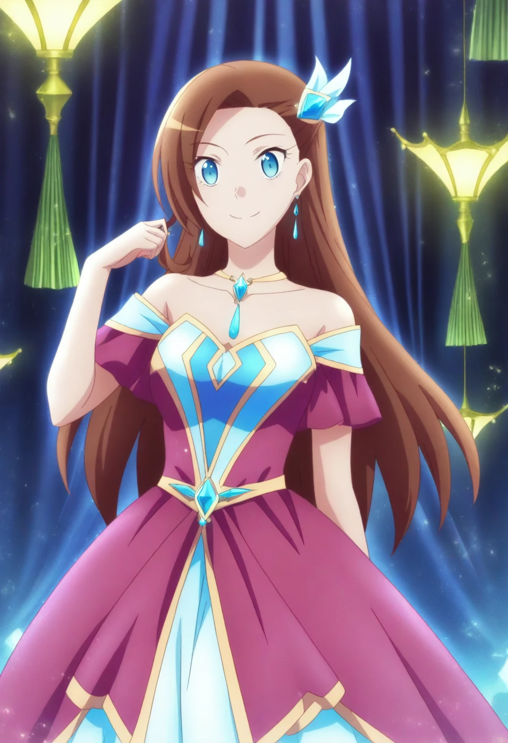 <lora:Catarina Claes - [My Next Life as a Villainess] - illustriousXL v1:1>, sysdeep_catarina, long hair, light blue eyes, brown hair, starlit ballroom, twirling, glittering dress, floating chandeliers, romantic allure