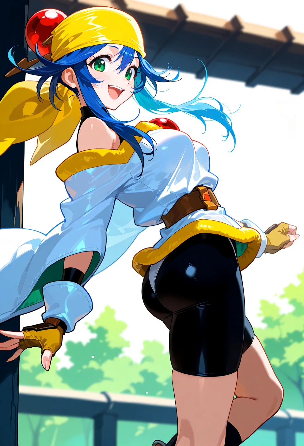 masterpiece, best quality, high quality, anime, <lora:AELimeIlx:1>
AELime, green eyes, blue hair, long sidelocks, short hair with long locks, yellow bandana, hair bobble, bare shoulders, off-shoulder shirt, white shirt, long sleeves, wide sleeves, black bodysuit, turtleneck bodysuit, bodysuit under clothes, fingerless gloves, yellow gloves, belt, bike shorts, spandex, panties over bike shorts, black socks,
smile, open mouth, twisted torso, ass, breasts, arched back,