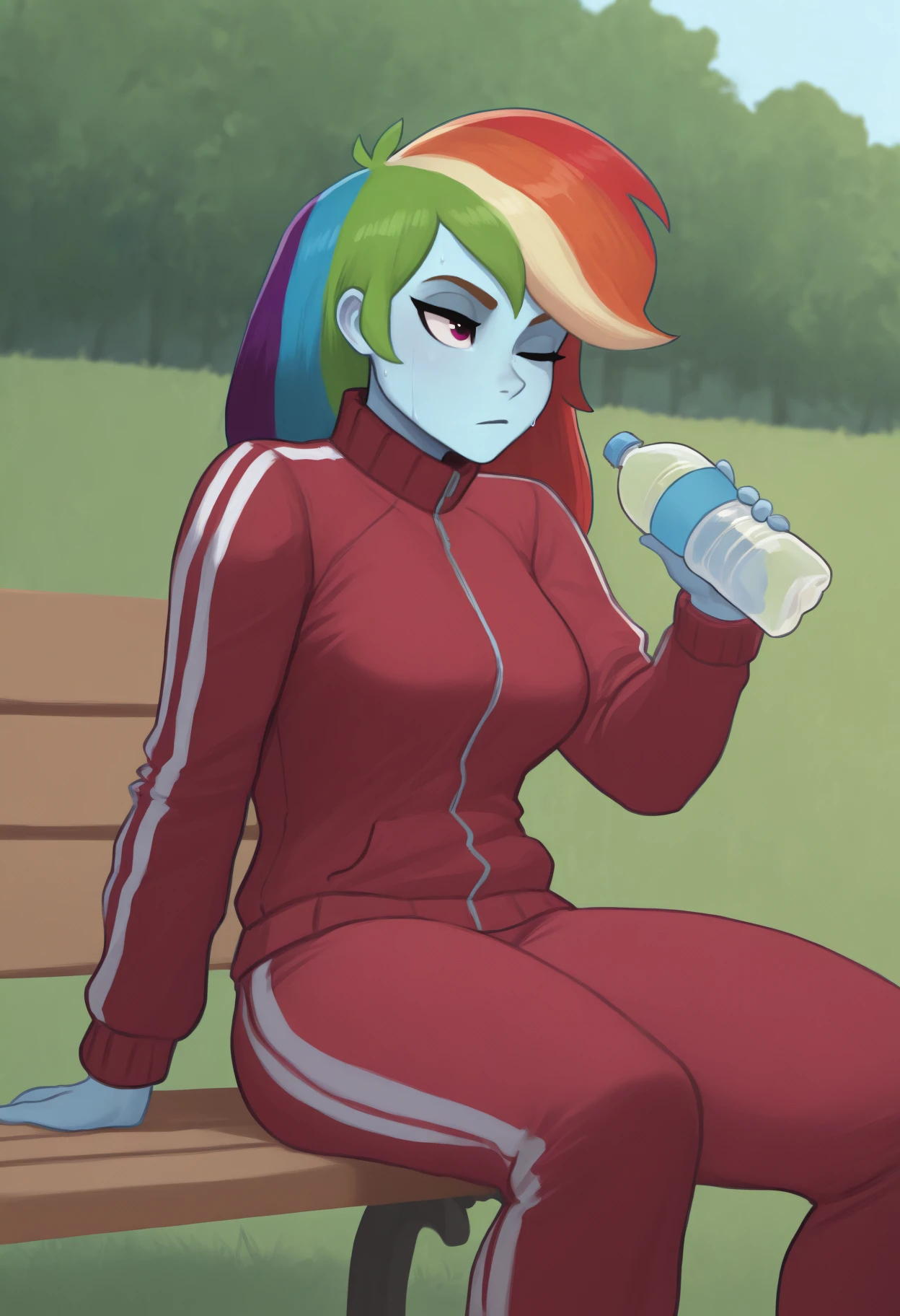 masterpiece, best quality, <break> feet out of frame, solo, 1girl, rbwdsh, blue skin, sweat, expressionless, looking away, sitting, park bench, holding water bottle, long hair, rainbow hair, green hair, blonde hair, red hair, blue hair, purple eyes, one eye closed, track suit, red jacket, track jacket, long sleeves, red pants, outdoors, day, grass, tree
<segment:yolo-Anzhc Face seg 640 v2 y8n.pt,0.4,0.5//cid=1>