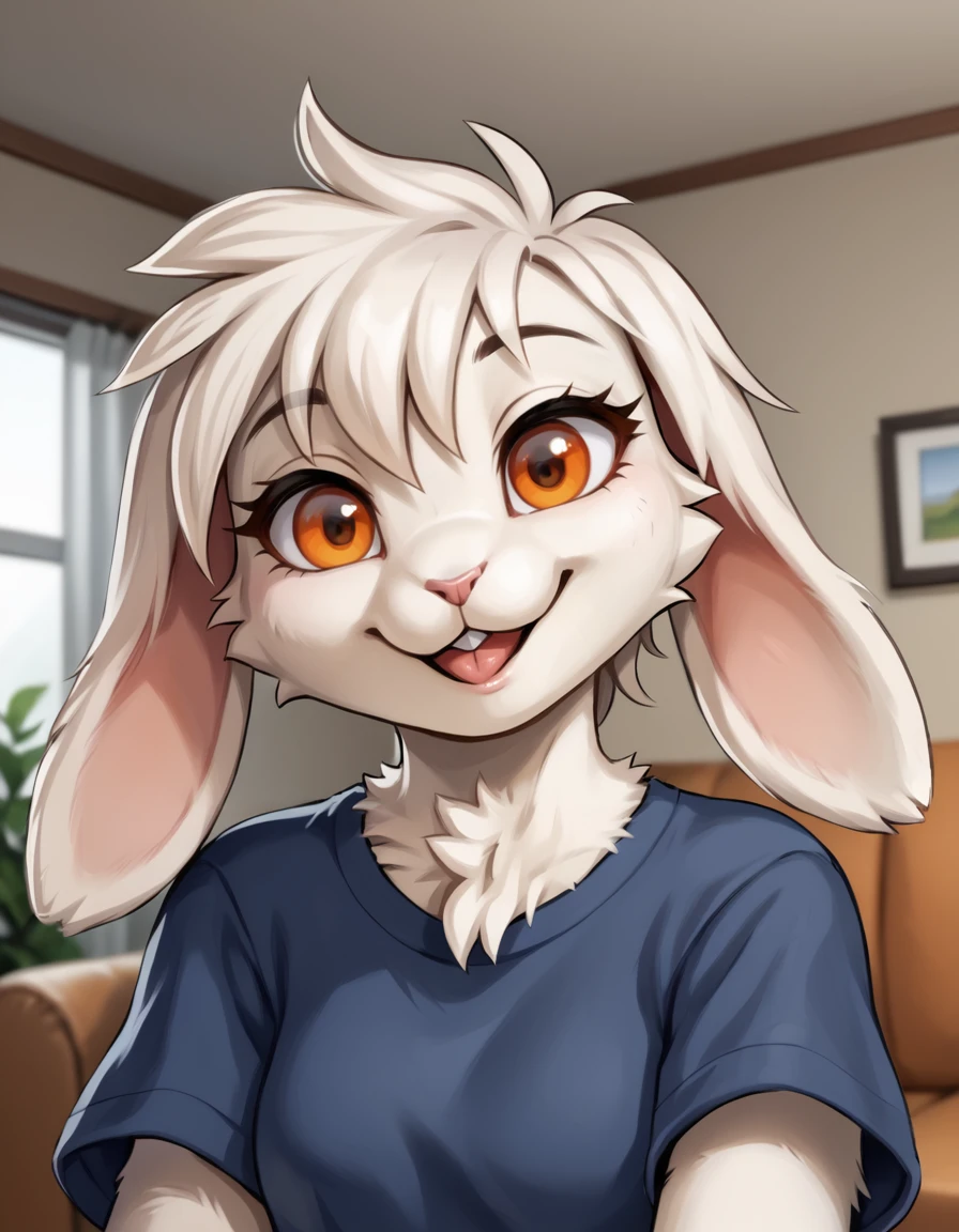 indoors,living room,
headshot,smile,long eyelashes,parted lips,happy,
t-shirt,head tilt, tongue out, 
<lora:Mimiga_v01_PDXL:1>,Mimiga,1girl,solo,furry female,rabbit girl,rabbit tail,rabbit ears,white fur,body fur,white hair,short hair,orange eyes,animal nose,