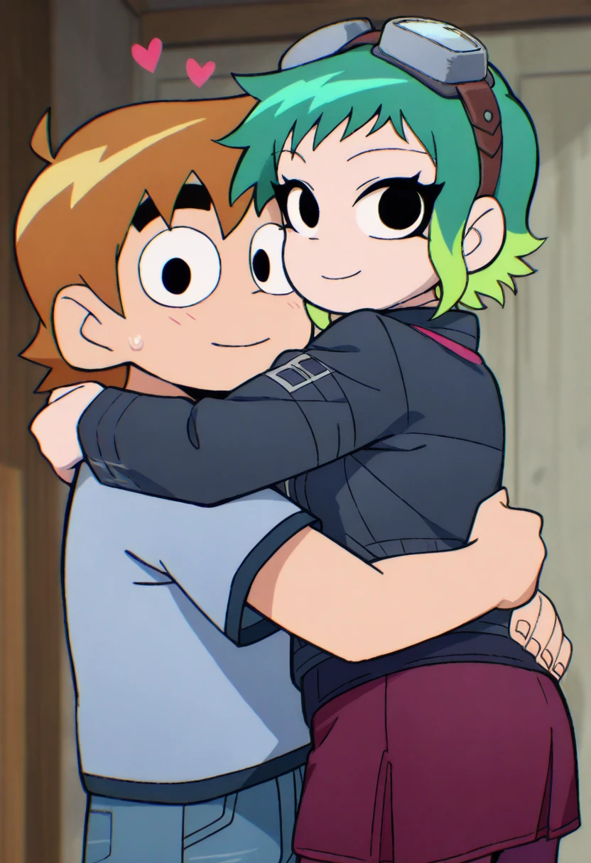 <lora:ScottPilgrim-IL:1> scottp, masterpiece, best quality, amazing quality, very aesthetic, absurdres, 1boy, 1girl, hug, hetero, looking at viewer, happy, smile, heart, scott, short hair, brown hair, thick eyebrows, shirt, pants, jeans,
scottp, masterpiece, best quality, amazing quality, very aesthetic, absurdres, 1boy, 1girl, hug, hetero, looking at viewer, happy, smile, heart, Ramona, blue hair, green hair , multicolored hair, gradient hair, goggles, goggles on head, shirt, skirt, pantyhose,