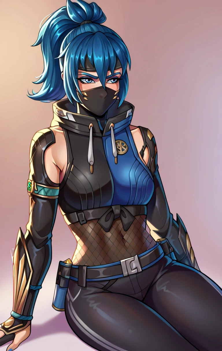 score_9,score_8_up,score_7_up,zPDXL2,zPDXLxxx,zPDXL3,<lora:ShadowBladeHope:1>,ShadowBladeHopeSDXL,1girl,solo,blue eyes,gloves,blue hair,ponytail,mask,mouth mask,ninja,kunai,ninja mask,cowboy shot,sitting,