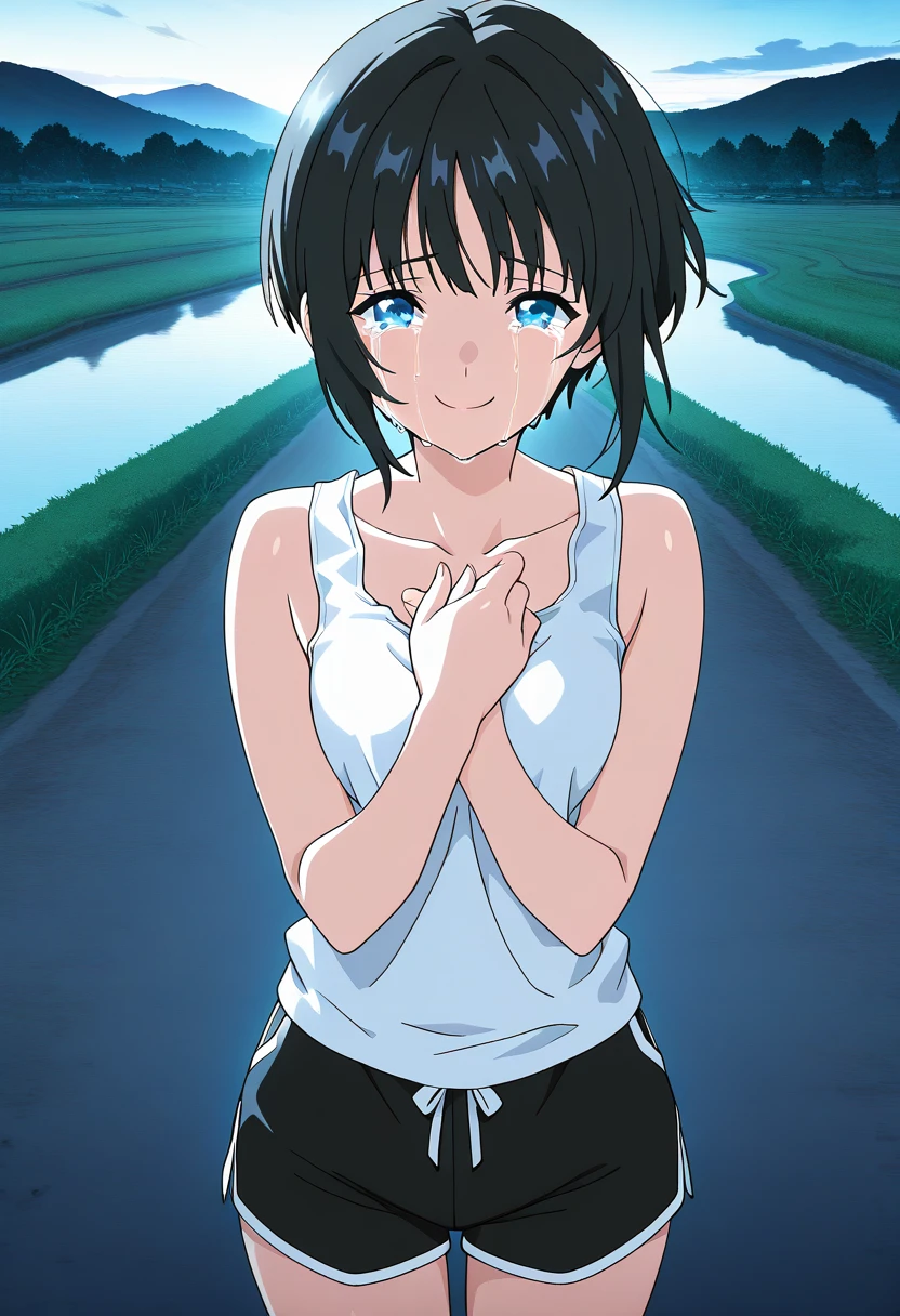 masterpiece, best quality, absurdres, detailed skin, anime colored, anime screencap,
1 girl, <lora:aki:0.8> , SaitoE, black hair,
white tank top, black shorts, bare arms, bare shoulders,
<lora:streaming-tears-ponyxl-lora-nochekaiser:1>, streaming tears, crying, tears, crying with eyes open, looking at viewer, hand on chest, smile,
bright daylight, road by the river,