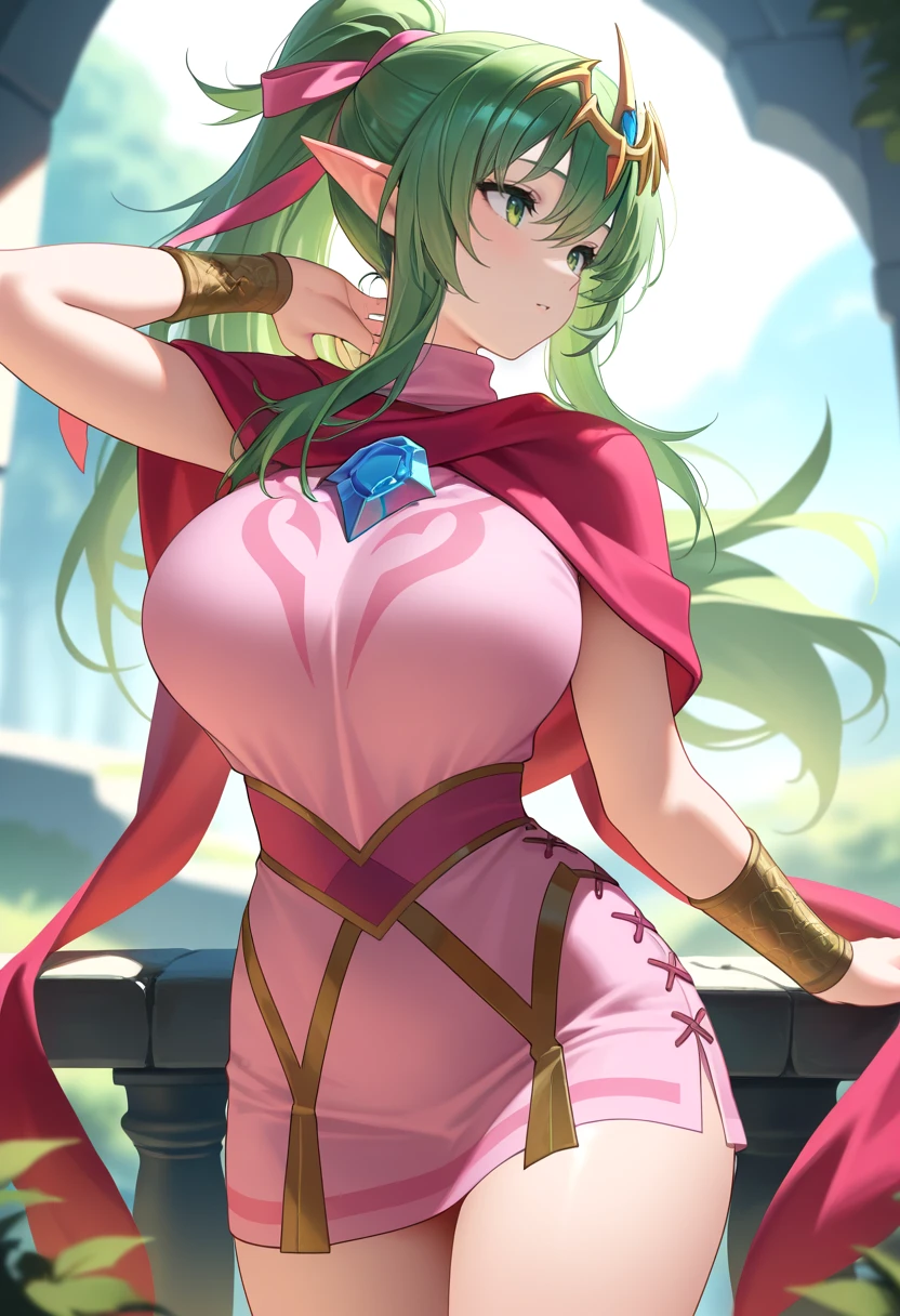 masterpiece, best quality,   <lora:Tiki-initium-ilxl-t1:1>,  blue gem, green eyes, green hair, hair ornament, hair ribbon, jewelry, long hair, pink dress, pointy ears, ponytail, pink scarf, red shawl, short dress, tiara, big breasts, turtleneck,