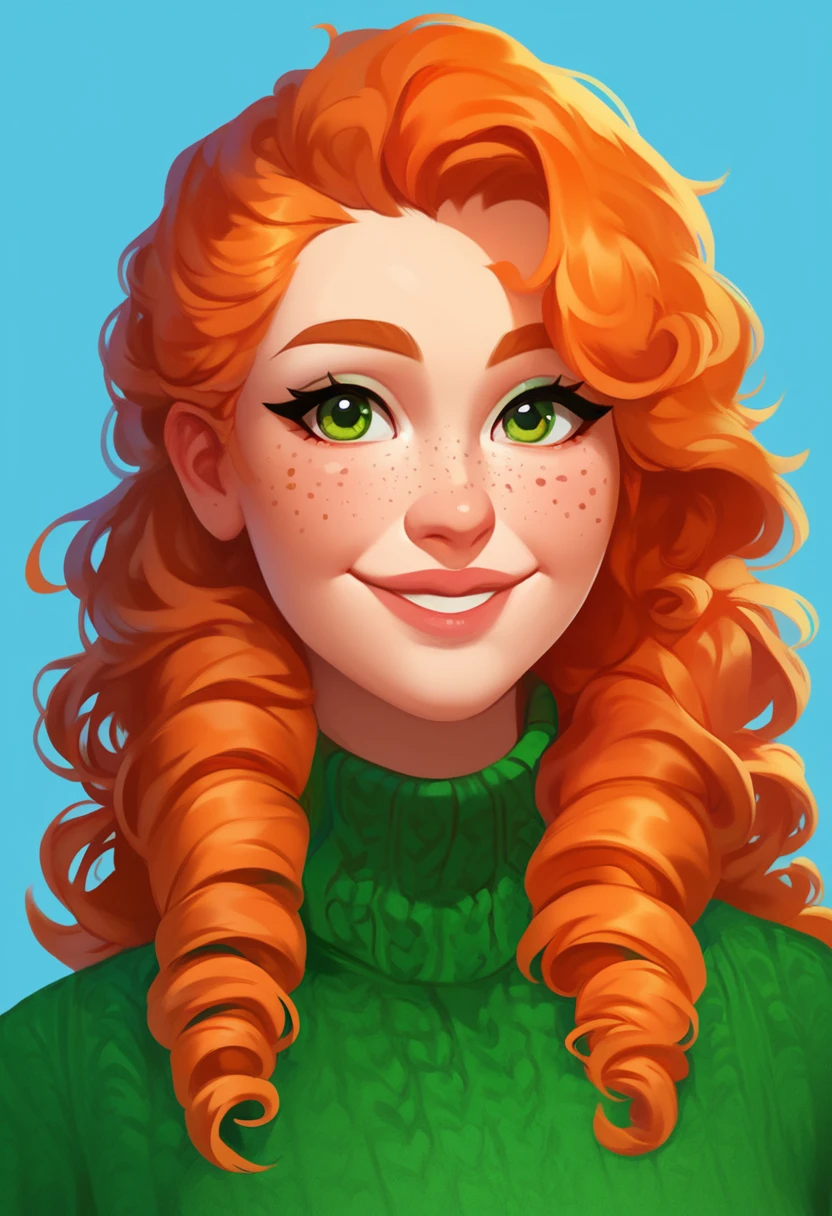 score_9, score_8_up, score_7_up, score_9, score_8_up, score_7_up, casual game art style, casual game art, mobile game art, merge 3 game art, character design, 1girl, solo, freckles, green eyes, smile, long hair, orange hair, curly hair, green sweater, looking at viewer, cropped portrait, close-up, blue background, simple background