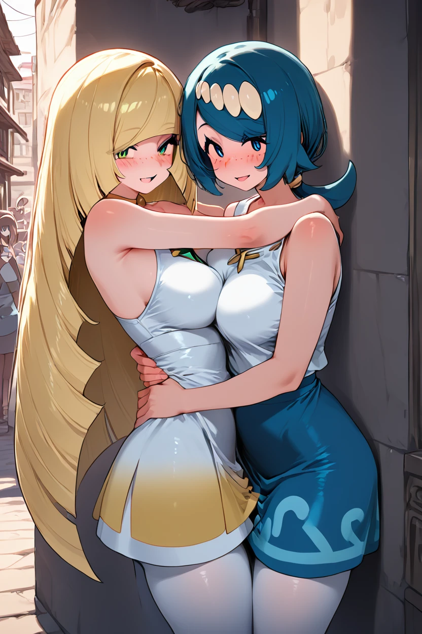 score_9, score_8_up, score_8, medium breasts, (curvy), cute, eyelashes,       ,,, , LsLm, 2girls, long hair, blush, smile, open mouth, blue eyes, skirt, blonde hair, large breasts, shirt, hair ornament, dress, bare shoulders, medium breasts, very long hair, green eyes, blue hair, standing, pantyhose, hairband, outdoors, one eye closed, teeth, sleeveless, day, shiny, pants, white dress, yuri, looking at another, blue skirt, cosplay, bare arms, hug, sleeveless dress, swept bangs, breast press, eye contact, low ponytail, freckles, mature female, asymmetrical docking, yellow hairband, utility pole, alley, arms around waist, zzLusamine, smile,  <lora:LusamineLamamaPDXL_v2:1.0>  ,,,, BREAK, smile, looking at viewer, cowboy shot, ,,, embedding:zPDXL, Expressiveh, ,,, <lora:Zankuro_Style_PDXL:0.8> <lora:SDXLFaeTastic2400:0.5>, <lora:Expressive_H-000001:0.4>,