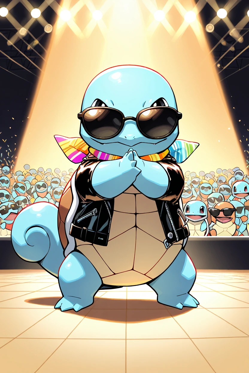 masterpiece, best quality,   <lora:SquirtlePokedexIXL:1.0>,   zzSquirtle, oversized sunglasses, leather jacket, striking a pose, fashion runway, audience clapping, bright spotlights, fabulous expression, colorful scarf, confident attitude