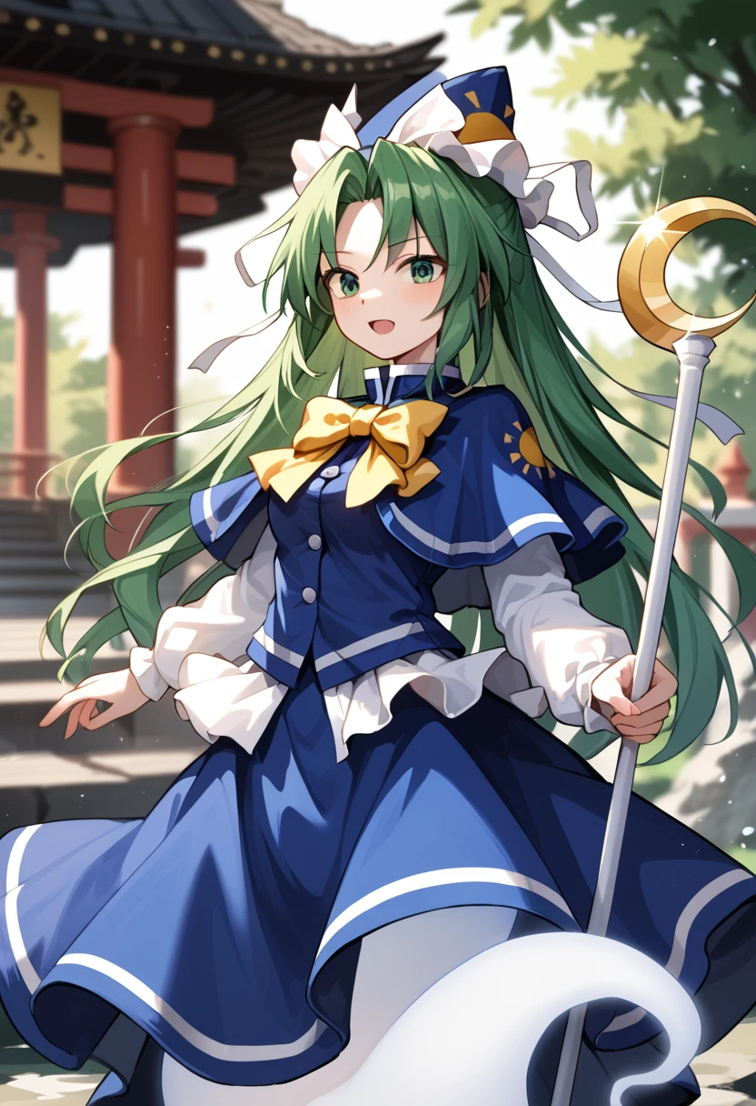 score_9_up, score_8_up, score_7_up, BREAK source_anime, (masterpiece), (best quality), 1girl, mima \(touhou\), green eyes, green hair, solo, long hair, blue capelet, bow, skirt, long sleeves, open mouth, blue skirt, ghost tail, blurry background, shrine, staff, <lora:mima(touhou)-V1:1>