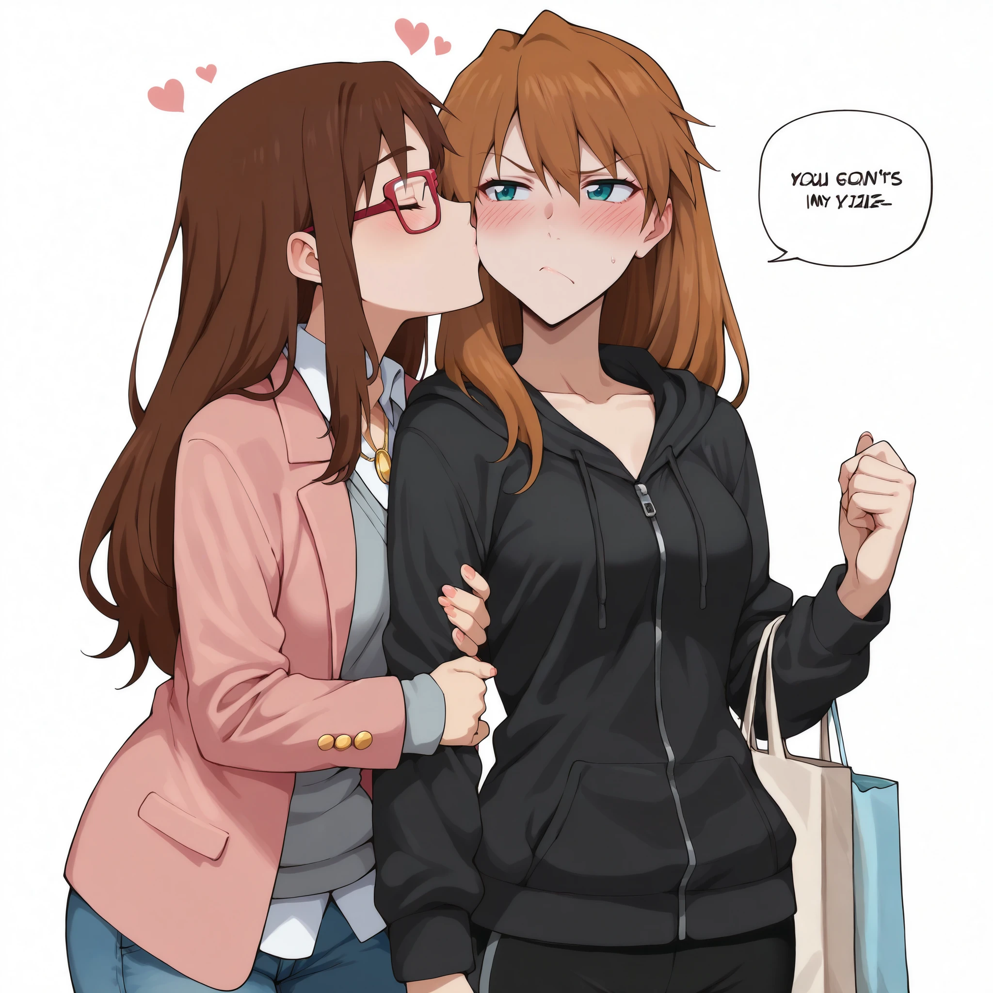 masterpiece, best quality, anime, yuri, cowboy shot, simple background, white background, standing,  hair down, kissing cheek,
BREAK, <lora:Degen_Mari_End_Illustrious_v1:.65> mari-end, pink jacket, grey sweater, white collar, red framed eyewear, untucked shirt, jeans,  blush, gold buttons, hand, nails, profile, hand on another's arm
BREAK, souryuu asuka langley, black hoodie, full-length zipper, black yoga pants, upper body, aged up, collarbone, talking, blush, closed eyes, holding shopping bag, hand on another's shoulder, annoyed,