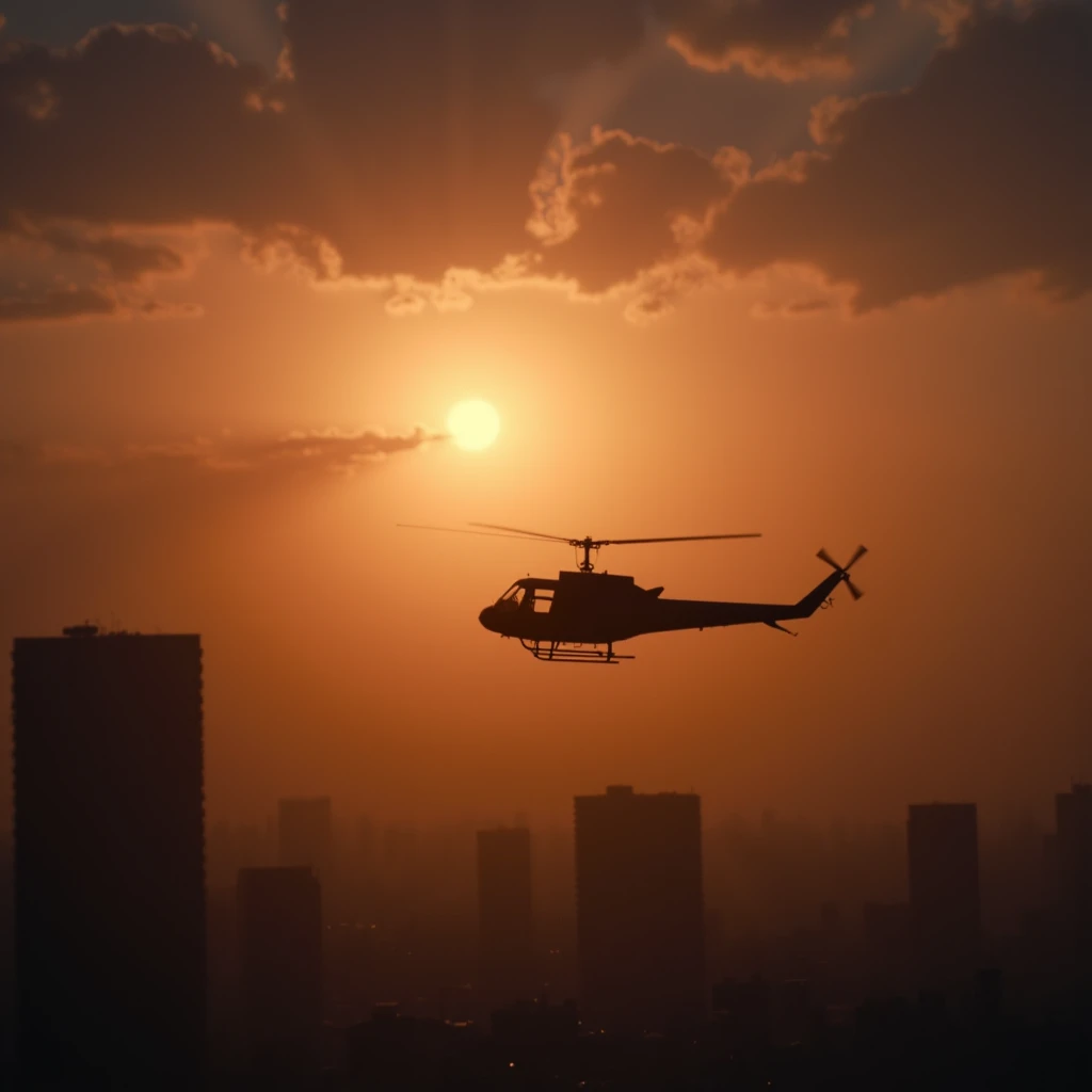 cinematic film still of  <lora:horror movie themed Army of the dead v1:0.8>
A different unique picture of a helicopter flying over a city at sunset, horror movie themed, sharp, detailed, artistic, creative, dramatic light, cinematic style, film style, horror style, solo, sky, cloud, no humans, building, scenery, flying, sunset, city, sun, cityscape, outdoors, science fiction, silhouetted, sunset, sunlight, light, silhouetted, shallow depth of field, vignette, highly detailed, high budget, bokeh, cinemascope, moody, epic, gorgeous, film grain, grainy