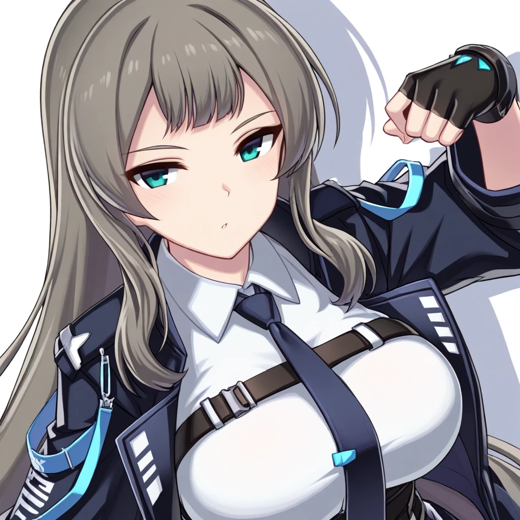 jaina_kropel, 1girl, necktie, breasts, solo, shirt, gloves, white shirt, long hair, large breasts, black gloves, blue necktie, collared shirt, white background, bangs, fingerless gloves, looking at viewer, normaluniform, upper body,  <lora:JainaKropelIllustXL:1>, (masterpiece),(best quality),(ultra-detailed),(best illustration),(best shadow),(absurdres),(detailed background),(very aesthetic),