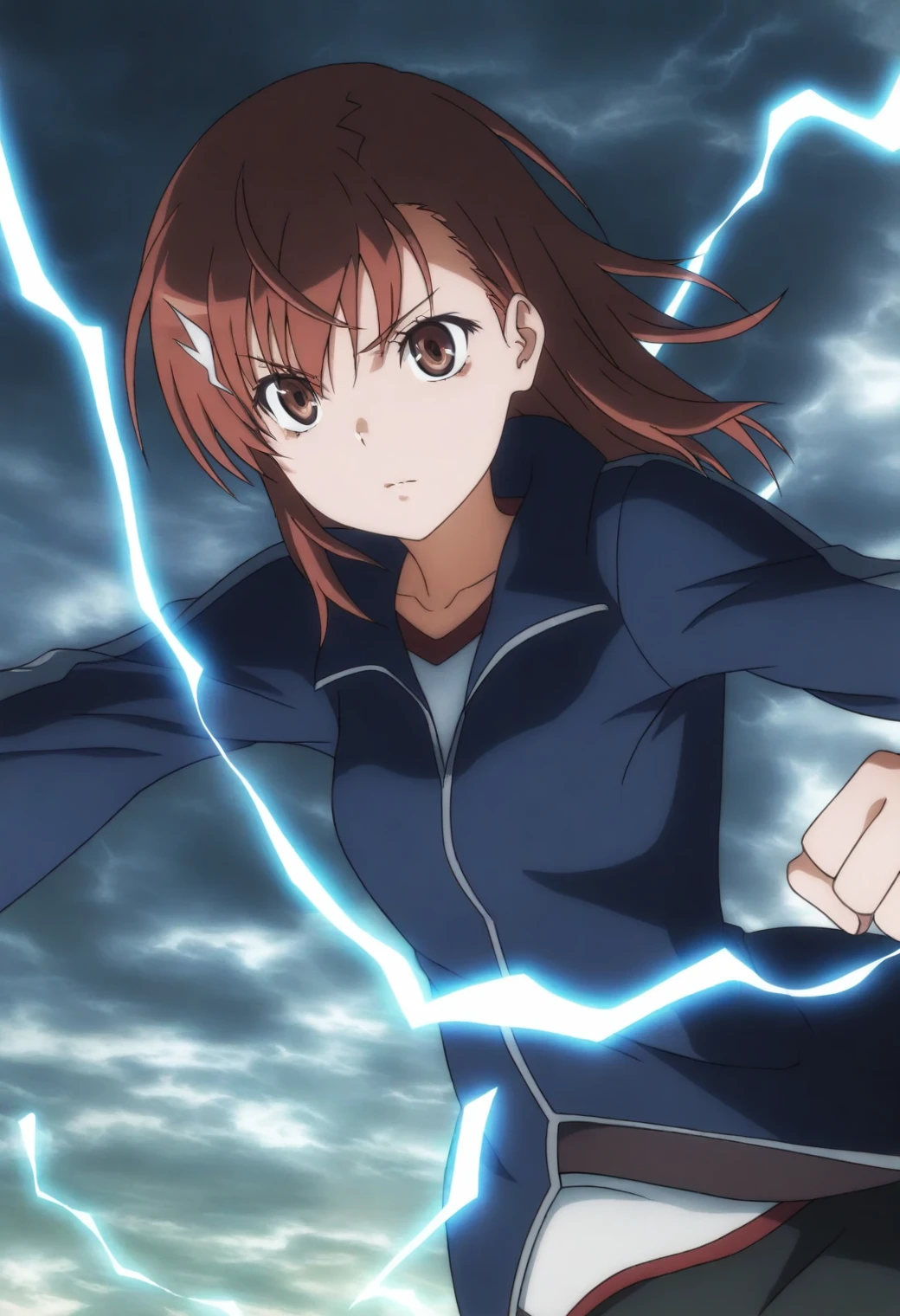 <lora:Mikoto Misaka - [A Certain Scientific Railgun] - illustriousXL v1:1>, sysdeep_mikoto, brown hair, brown eyes, medium hair, stormy sky, flying, holding lightning bolt, windswept hair, intense focus