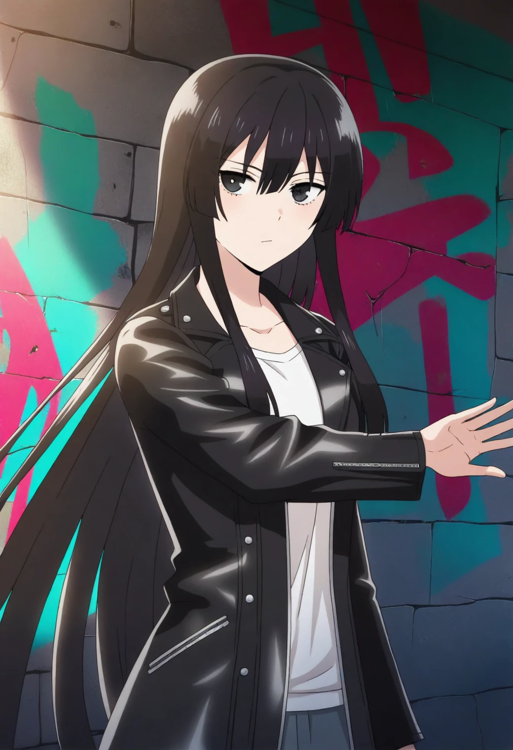 <lora:Yumiella Dolkness - [Villainess Level 99] - illustriousXL v1:1>, long hair, black hair, black eyes, downtown alleyway, graffiti walls, leather jacket, confident stance, edgy vibes