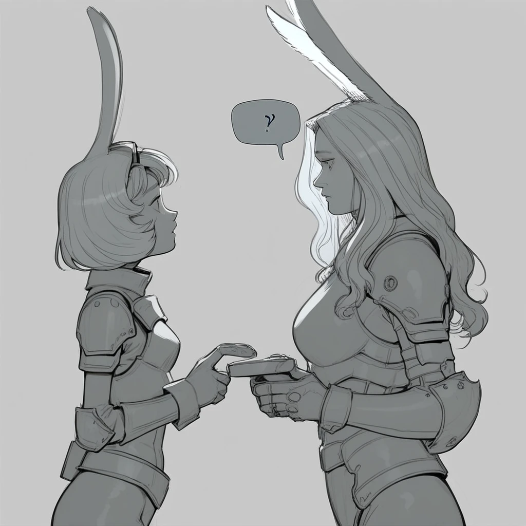score_9, score_8_up, score_7_up, score_6_up, score_5_up, score_4_up, bodysuit, looking at another, grey background, long hair, spoken question mark, simple background, short hair, gloves, rabbit ears, from side, rabbit girl, armor, height difference, goggles, ..., breasts, holding, 2girls