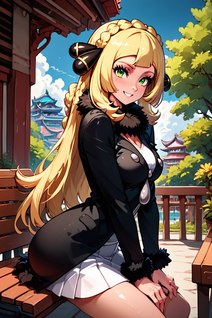 score_9, score_8_up, score_8, medium breasts, (curvy), cute, eyelashes,       ,,, ,  zzCLillieCitron, green eyes, blonde hair, hair ornament, hair ribbon, long hair, long sleeves, fur trim, braid, coat, white skirt, white shirt, black coat, lillie (pokemon),  <lora:CynthiaLilliePDXL:1>,  , BREAK, sitting on bench, side view, smile, looking at viewer, cowboy shot,  ,,, BREAK, pnkBldng, sky, day, cloud, tree, blue sky, building, architecture, east asian architecture,  ,,, BREAK, embedding:zPDXL, Expressiveh,  ,,, <lora:PinkBuildingsPDXL_v2:0.6>, <lora:SDXLFaeTastic2400:0.5>, <lora:Expressive_H-000001:0.4>