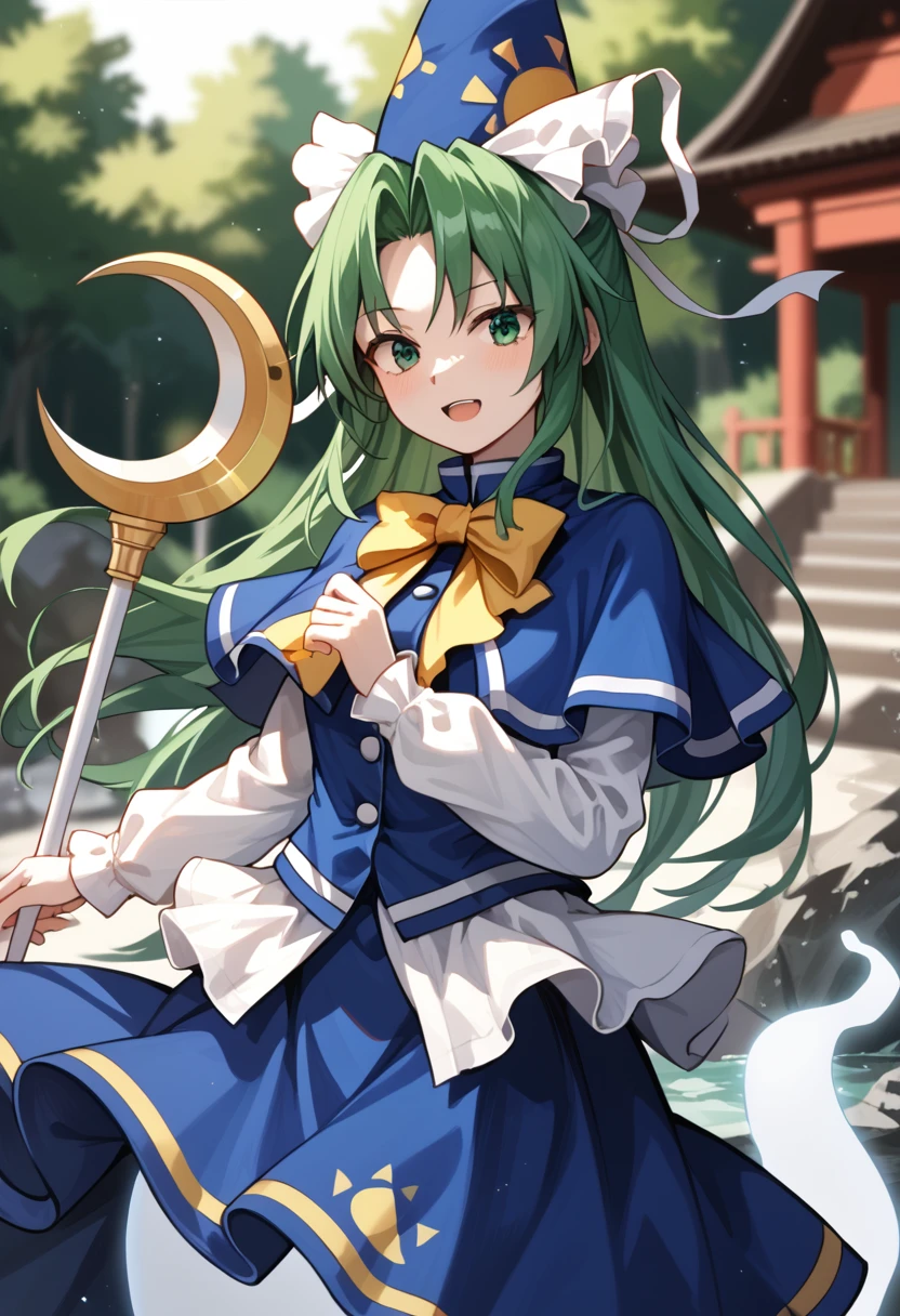 score_9_up, score_8_up, score_7_up, BREAK source_anime, (masterpiece), (best quality), 1girl, mima \(touhou\), green eyes, green hair, solo, long hair, blue capelet, bow, skirt, long sleeves, open mouth, blue skirt, ghost tail, blurry background, shrine, staff, <lora:mima(touhou)-V1:1>