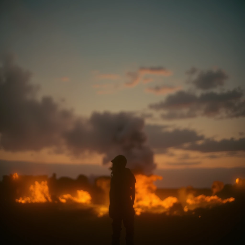 cinematic film still of  <lora:horror movie themed Army of the dead v1:0.9>
A different unique picture of a silhouetted man standing in a field of fire, horror movie themed, sharp, detailed, artistic, creative, dramatic light, cinematic style, film style, horror style, solo, outdoors, sky, cloud, blurry, no humans, fire, scenery, burning, 1boy, standing, silhouette, cloudy sky, shallow depth of field, vignette, highly detailed, high budget, bokeh, cinemascope, moody, epic, gorgeous, film grain, grainy