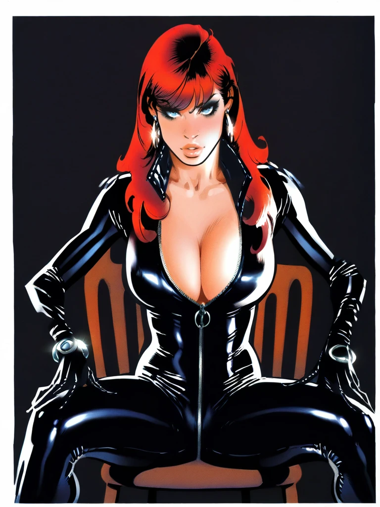 Femme Fatale, gorgeous mechanic, atompunk, blank background, retro-futurism, mechanical hand, cybernetic augments, unzipped orange jumpsuit, gunmetal grey, cleavage, half shaved head, ginger hair