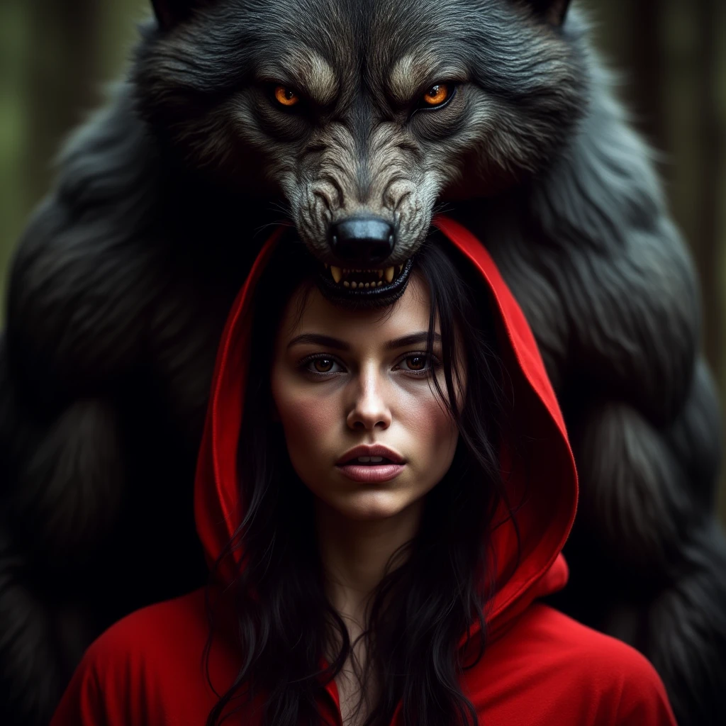 cinematic film still of  <lora:Little Red Riding Hood v1:0.8>
Little Red Riding Hood a woman with a red hoodie and a large wolf monster's head above her head, solo, black hair, closed mouth, teeth, signature, hood, sharp teeth, portrait, cloak, wolf
, shallow depth of field, vignette, highly detailed, high budget, bokeh, cinemascope, moody, epic, gorgeous, film grain, grainy