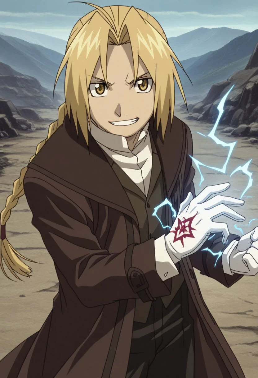 masterpiece, best quality, anime screencap, anime coloring
edwardelric, 1boy, male focus, solo, yellow eyes, blonde hair, long hair, braid, ahoge, shirt, white shirt, collared shirt, vest, brown vest, coat, brown coat, open coat, open clothes, gloves, white gloves, alchemy, magic, grin, electricity, spell. fight stance,
outdoor,