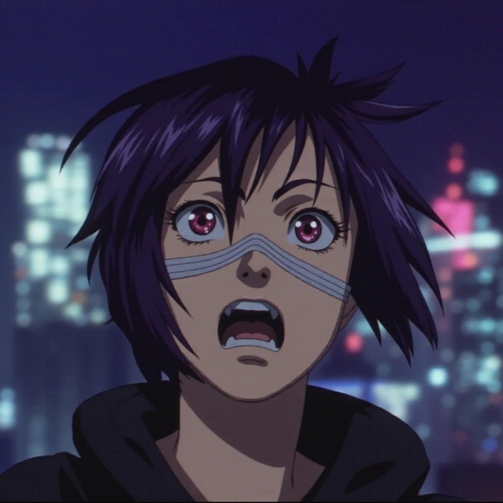 cinematic film still of  <lora:Ghost in the Shell style v1:0.9>
In Japanese manga cyberpunk city a surprised looking crazy woman with purple hair and a mask on, 1girl, solo, looking at viewer, short hair, red eyes, purple hair, parted lips, teeth, blurry, lips, mask, night, science fiction, city, android, cyborg, city lights, cyberpunk, kusanagi motoko, detailed, different, real, unique, cinematic, dramatic, concept art, filmic, perfect, high quality, Ghost in the Shell style, Masamune Shirow style, closeup, anime, manga, big eyes, portrait, cityscape, blurry background, building, shallow depth of field, vignette, highly detailed, high budget, bokeh, cinemascope, moody, epic, gorgeous, film grain, grainy