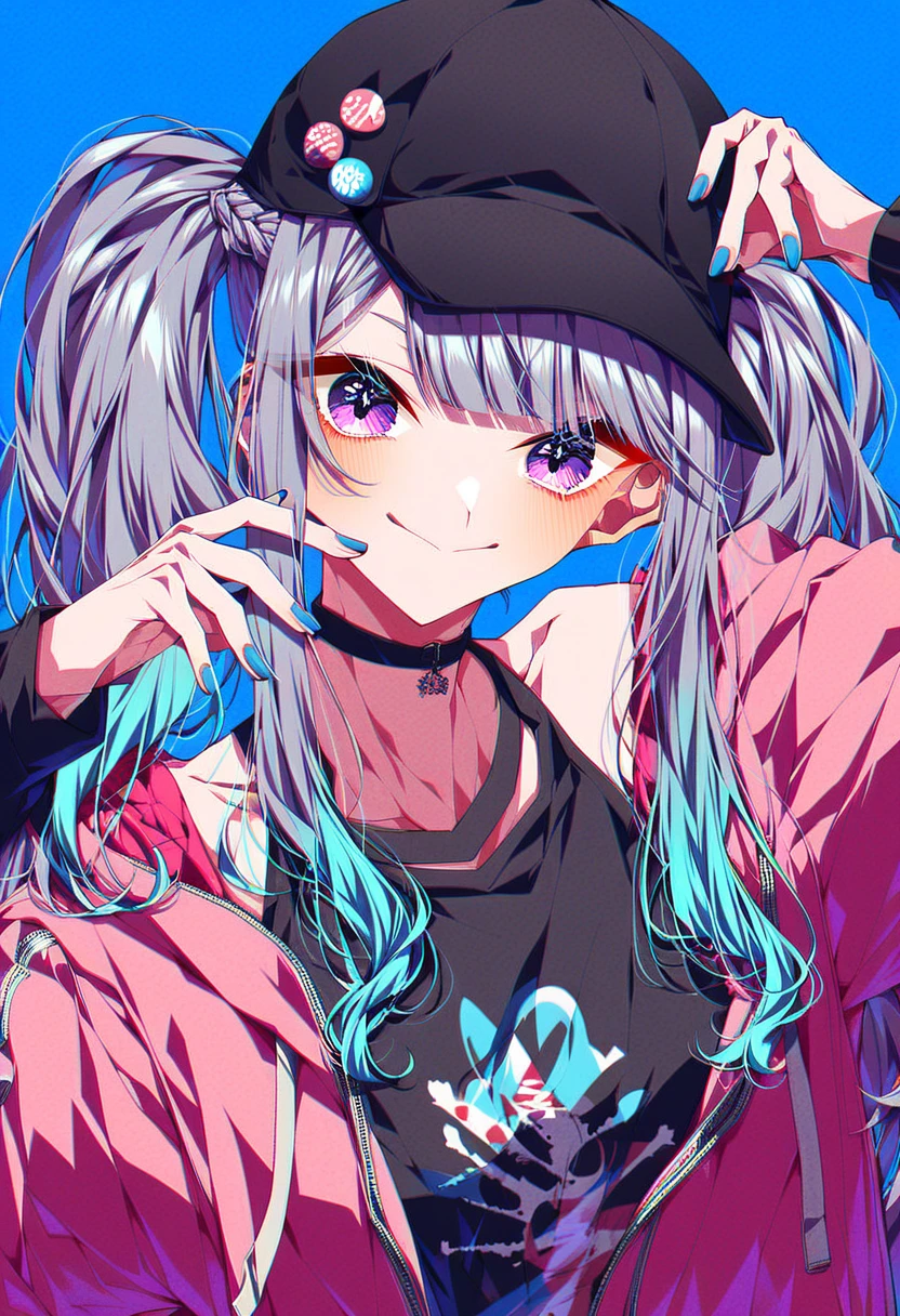 score_9, score_8_up, score_7_up, 4b-enpitsu, 1girl, bangs, baseball cap, beanie, blue background, blue nails, braid, closed mouth, long hair, looking at viewer, multicolored hair, purple eyes, smile, solo, streaked hair, twintails, two-tone hair, virtual youtuber <lora:4b-enpitsu_Style:0.4>