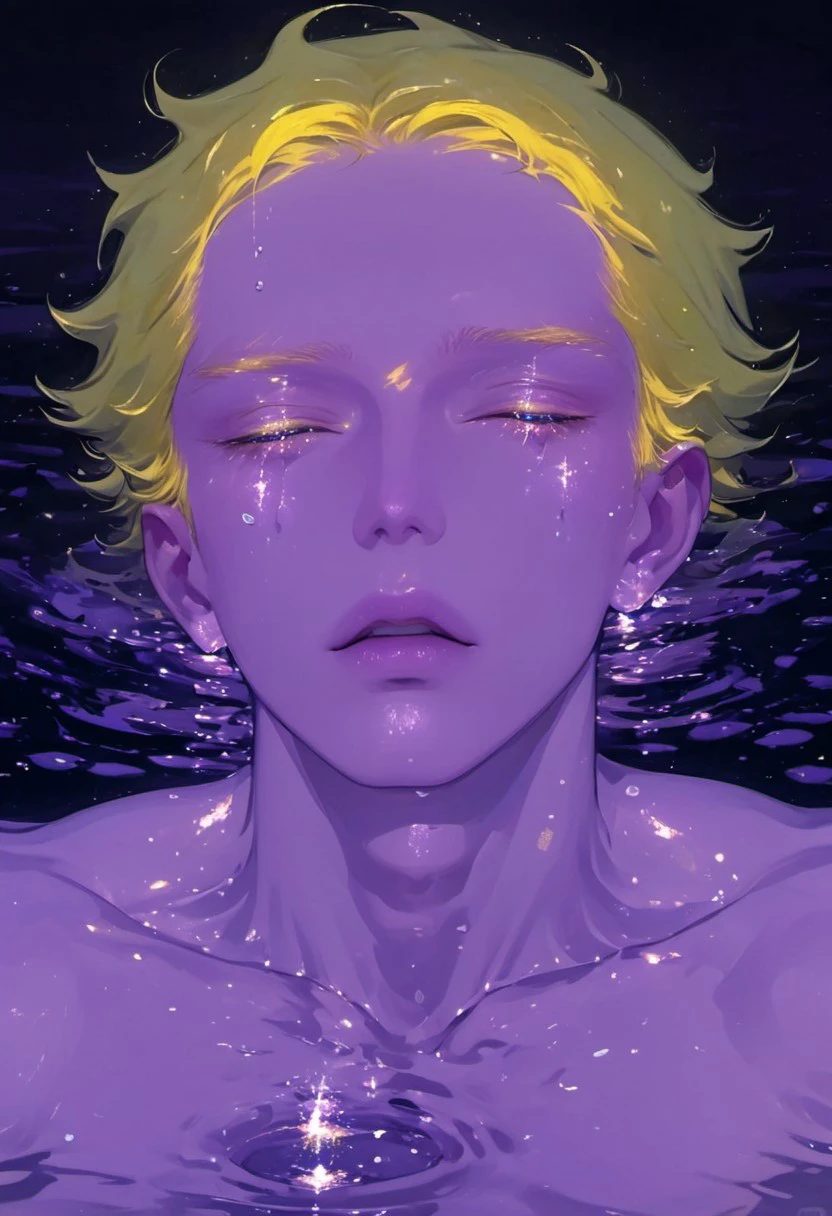 AR71B,green eyes,yellow short messy hair, man,(male,drowning, topless,look at viewer), (mouth submerge), (surround by many fish), body underwater, fluorescent, yellow sclera,best quality, master piece, highres, best aesthetic, romantic, (naked:1.3), nipples, reflection, (darkness:1.9), (violet hair:1.5), (gorgeous), ultraviolet,aaAR7gl, skinny, dynamic, (open mouth:1.9), (breathe heavy:1.9), head tilt,floating, (full lips),(crying, muscular:1.5),transparent,translucent, realistic,glass,shiny, sparkle,gl4ssj3m,