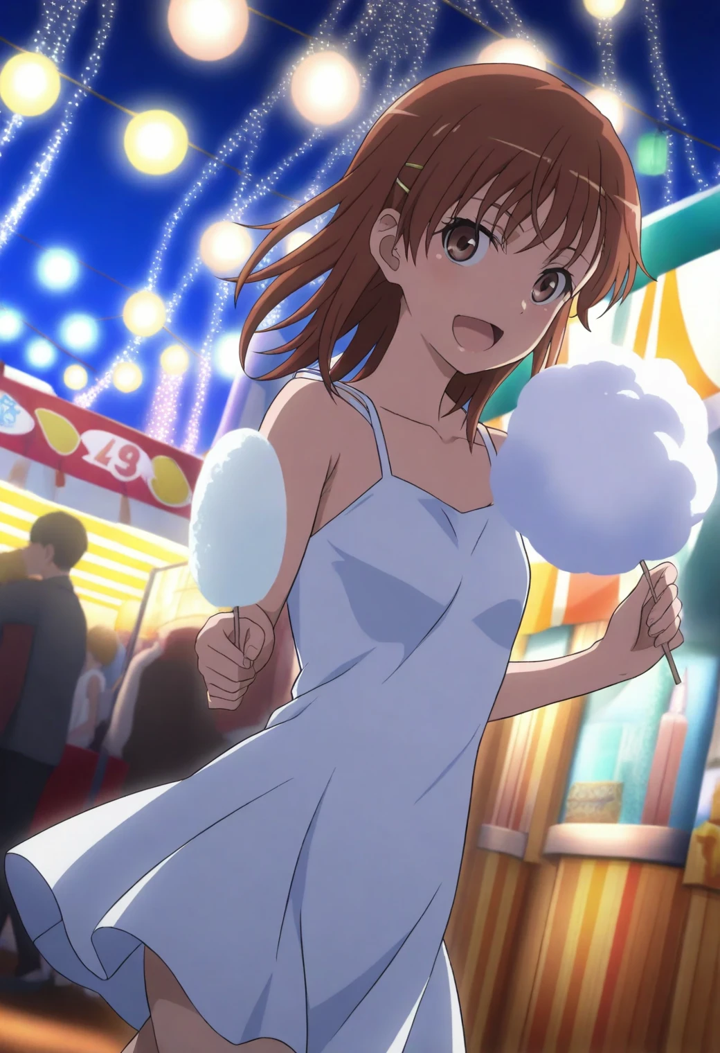 <lora:Mikoto Misaka - [A Certain Scientific Railgun] - illustriousXL v1:1>, sysdeep_mikoto, brown hair, brown eyes, medium hair, carnival, walking under string lights, summer dress, cotton candy, joyful atmosphere