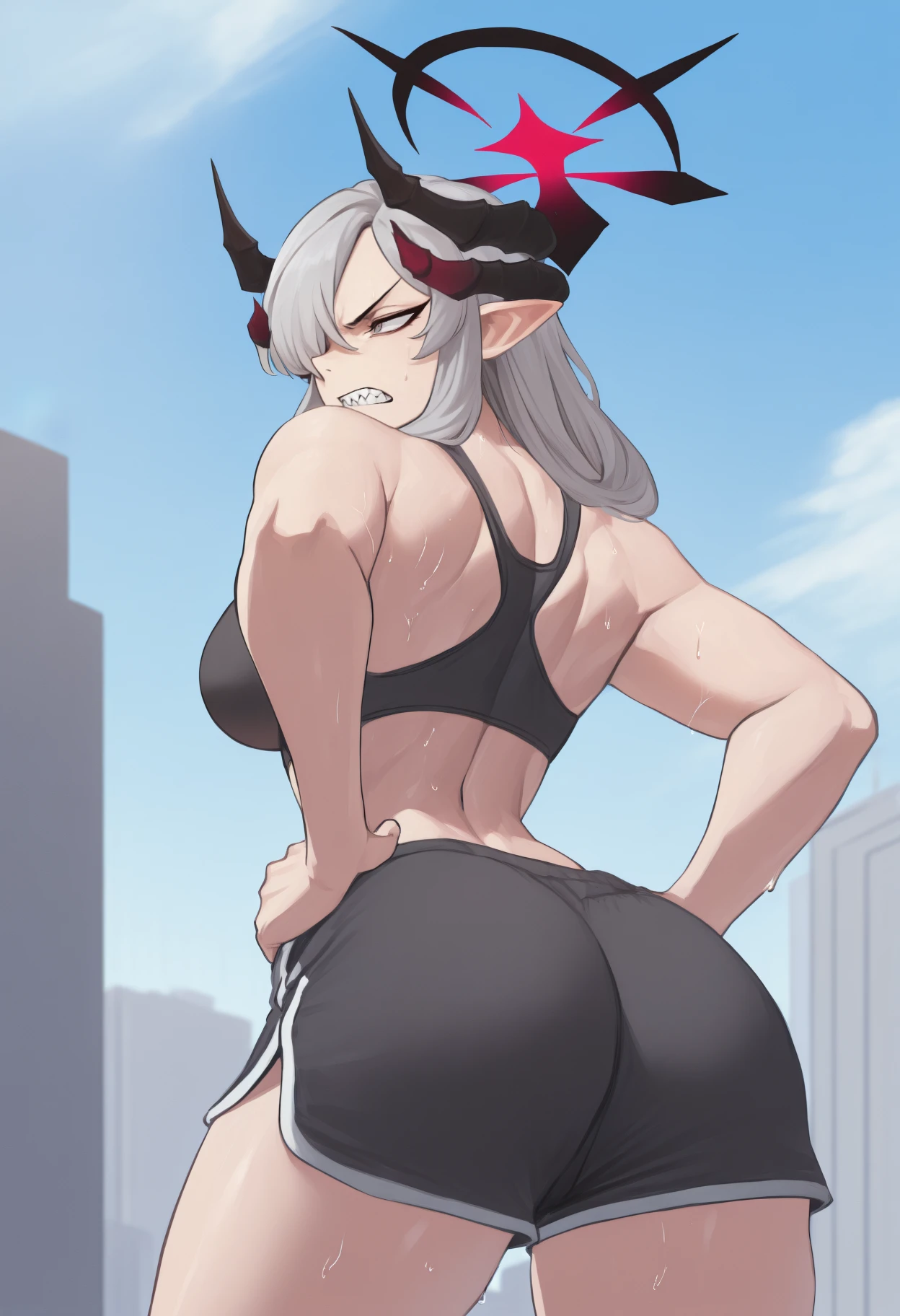 masterpiece, best quality, <break> from behind, solo, 1girl, m4kotodef, sharp teeth, sweat, clenched teeth, looking back, hands on own hips, long hair, grey hair, hair over one eye, multiple horns, black horns, demon horns, pointy ears, halo, grey eyes, v-shaped eyebrows, black sports bra, black shorts, dolphin shorts, micro shorts, ass, outdoors, day, city street
<segment:yolo-Anzhc Face seg 640 v2 y8n.pt,0.4,0.5//cid=1>