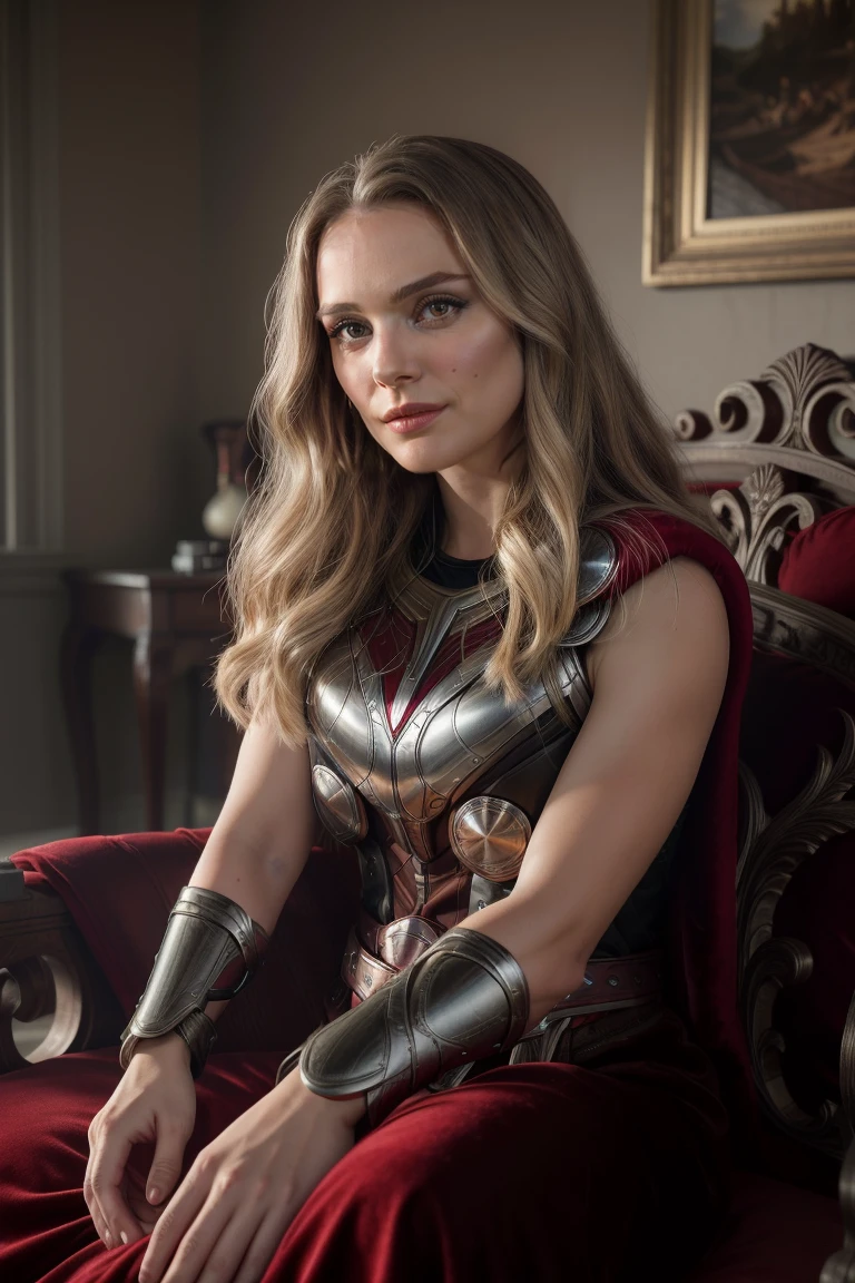 cinematic photo Dutch angle, intricate details,  (best quality), (masterpiece), (realistic), (intricate),   <lora:quiron_janeFosterThor_v050330_Lora:0.77>  janefosterthorquiron, realistic, long hair, 1girl, makeup, , Resting on a velvet cushion, she holds a delicate music box, her fingers tracing the intricate patterns, . 35mm photograph, film, bokeh, professional, 4k, highly detailed