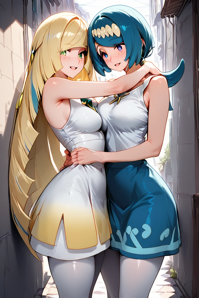 score_9, score_8_up, score_8, medium breasts, (curvy), cute, eyelashes, ,,,  LsLm, long hair, blush, smile, open mouth, blue eyes, skirt, blonde hair, large breasts, shirt, hair ornament, dress, bare shoulders, medium breasts, very long hair, green eyes, blue hair, standing, :d, pantyhose, hairband, outdoors, one eye closed, teeth, sleeveless, day, shiny, pants, white dress, yuri, looking at another, blue skirt, cosplay, bare arms, hug, sleeveless dress, swept bangs, upper teeth only, ;d, breast press, eye contact, low ponytail, freckles, mature female, asymmetrical docking, yellow hairband, utility pole, alley, arms around waist, zzLusamine,  <lora:LusamineLamamaPDXL_v2:1.0>   ,,, ,,, embedding:zPDXL, Expressiveh, <lora:Expressive_H-000001:0.4>,  <lora:ProAnime_PDXL_v1:0.8>,