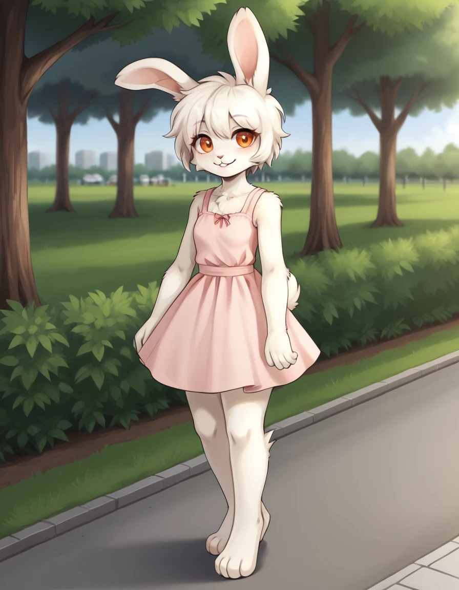 outdoors,park,
full body,smile,long eyelashes,
pink sundress,
<lora:Mimiga_v01_PDXL:1>,Mimiga,1girl,solo,furry female,rabbit girl,rabbit tail,rabbit ears,white fur,body fur,white hair,short hair,orange eyes,animal nose,