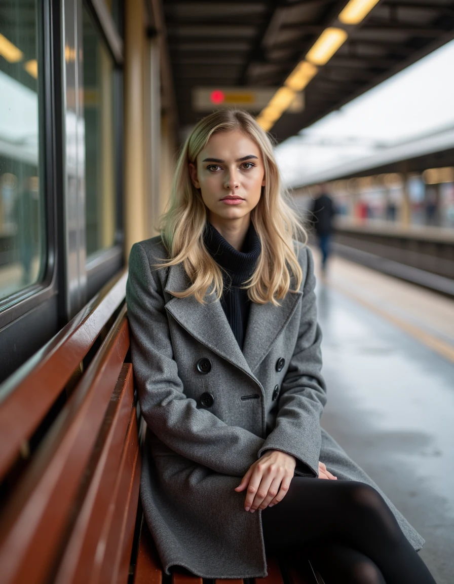 woman,clajame,blonde,Sitting on a bench at a train station wearing a grey wool coat, <lora:clajame-000008:1>