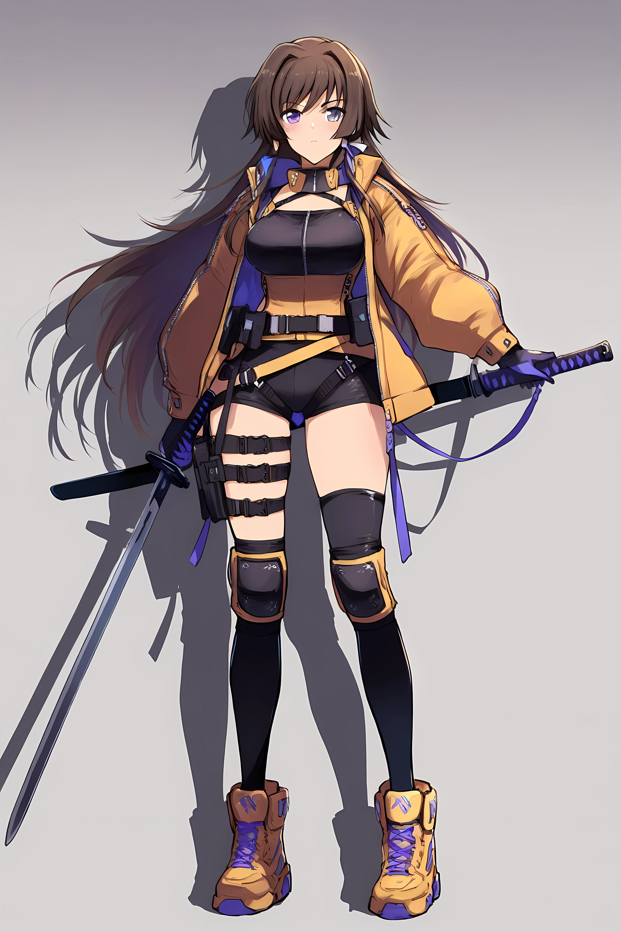 takamura yui, 1girl, solo, purple eyes, weapon, long hair, brown hair, sword, knee pads, gloves, yellow jacket, originaloutfit, facing viewer, open chest, <lora:Takamura_Yui_-_IllustriousXL:1>, (masterpiece),(best quality),(ultra-detailed),(best illustration),(best shadow),(absurdres),(detailed background),(very aesthetic),