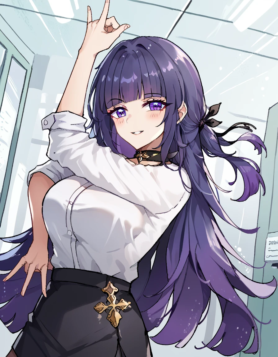 score_9, score_8_up, score_7_up, source_anime, <lora:raiden-mei-office-lady-ponyxl-lora-nochekaiser:1>, raiden mei, long hair, purple hair, bangs, purple eyes, blunt bangs, bangs, gradient hair, hair ribbon,, office lady, white shirt, shirt, pantyhose, skirt, black skirt, long sleeves, large breasts, choker, black choker, sleeves rolled up, hospital room, bedside, get well flowers, comforting, quiet, smile, <lora:killer-queens-pose-ponyxl-lora-nochekaiser:1>, killer queens pose, killer queens's pose (jojo), jojo pose, arm up, hand up, \n/, double \n/, arm down, hand down, blush, smile, cowboy shot,, looking at viewer, solo,, dutch angle, cowboy shot