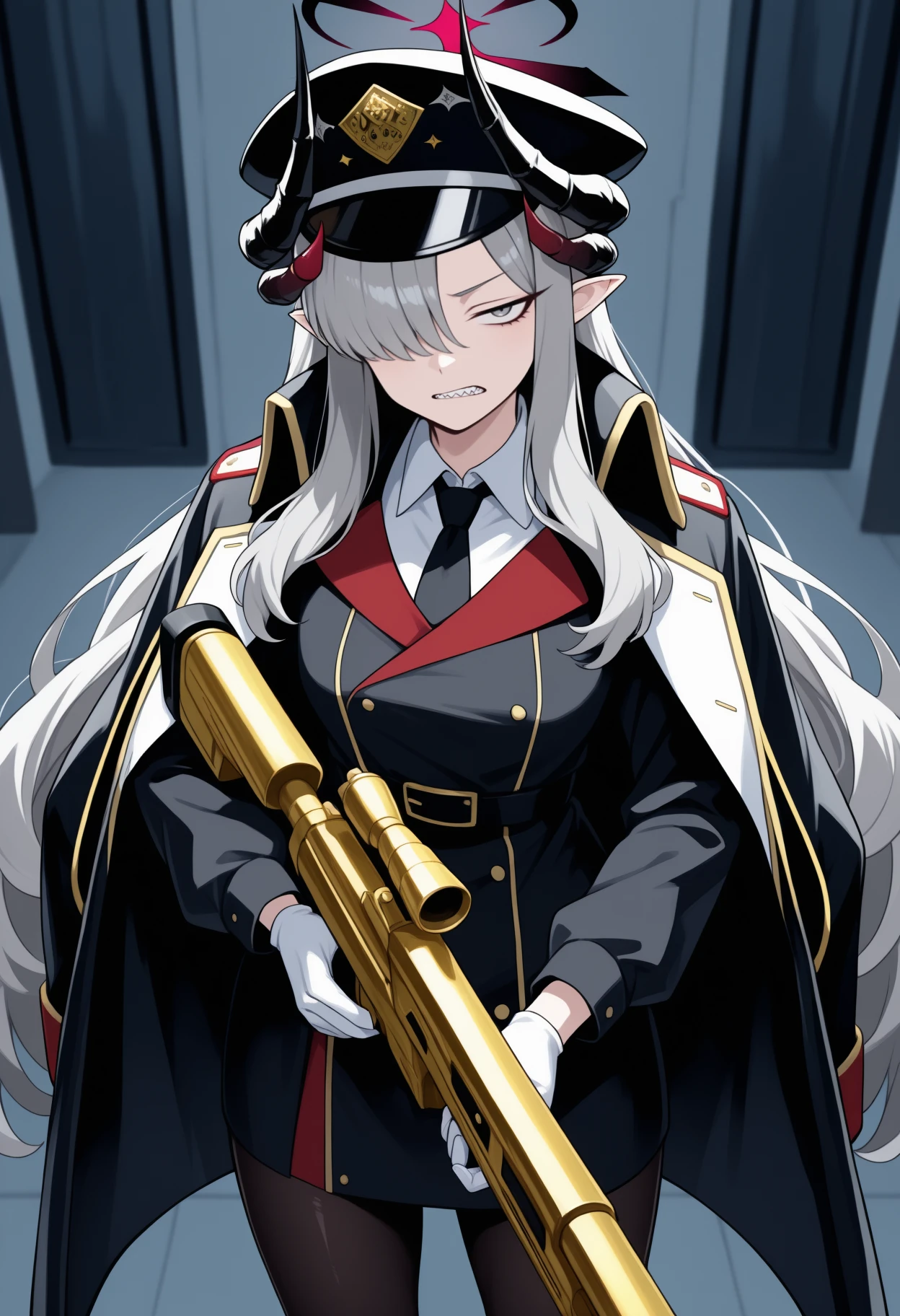 masterpiece, best quality, <break> solo, 1girl, m4kotodef, sharp teeth, clenched teeth, looking at viewer, standing, holding gun, sniper rifle, golden gun, two-handed, long hair, grey hair, hair over one eye, black headwear, peaked cap, multiple horns, black horns, demon horns, pointy ears, halo, grey eyes, jitome, military uniform, black coat, coat on shoulders, black jacket, military jacket, black belt, long sleeves, white shirt, collared shirt, black necktie, white gloves, black skirt, black pantyhose, indoors
<segment:yolo-Anzhc Face seg 640 v2 y8n.pt,0.4,0.5//cid=1>