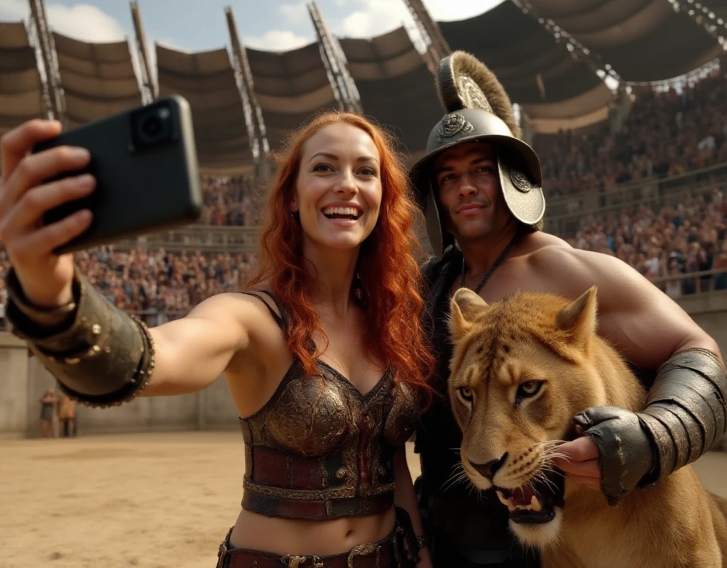 <lora:Gladiator_style:0.8> gladiator style, gopro hero selfie of a smiling muscular redhead woman wearing an armor posing with a lion and a man with an helmet in an  arena. A sign says "CIVITAI"