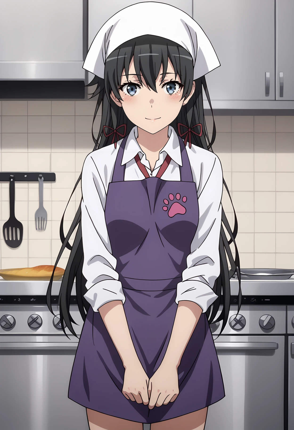 anime screencap,
<lora:YahariOreNoSeishunLoveComedy_YukinoshitaYukinoXL:0.9>,
1girl, solo, closed mouth, blush, light smile, head tilt,
long hair, black hair, blue eyes, hair between eyes, hair ribbon,
YukinoApron, headscarf, white headwear, collared shirt, white shirt, purple apron, long sleeves, sleeves rolled up, paw print,
thigh gap, cowboy shot, standing, looking at viewer,
kitchen, cutting board, indoors, blurry background