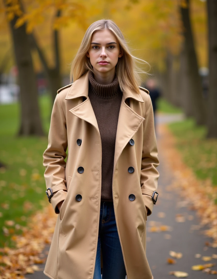 woman,clajame,blonde,Walking through a park in autumn wearing a beige trench coat, <lora:clajame-000008:1>