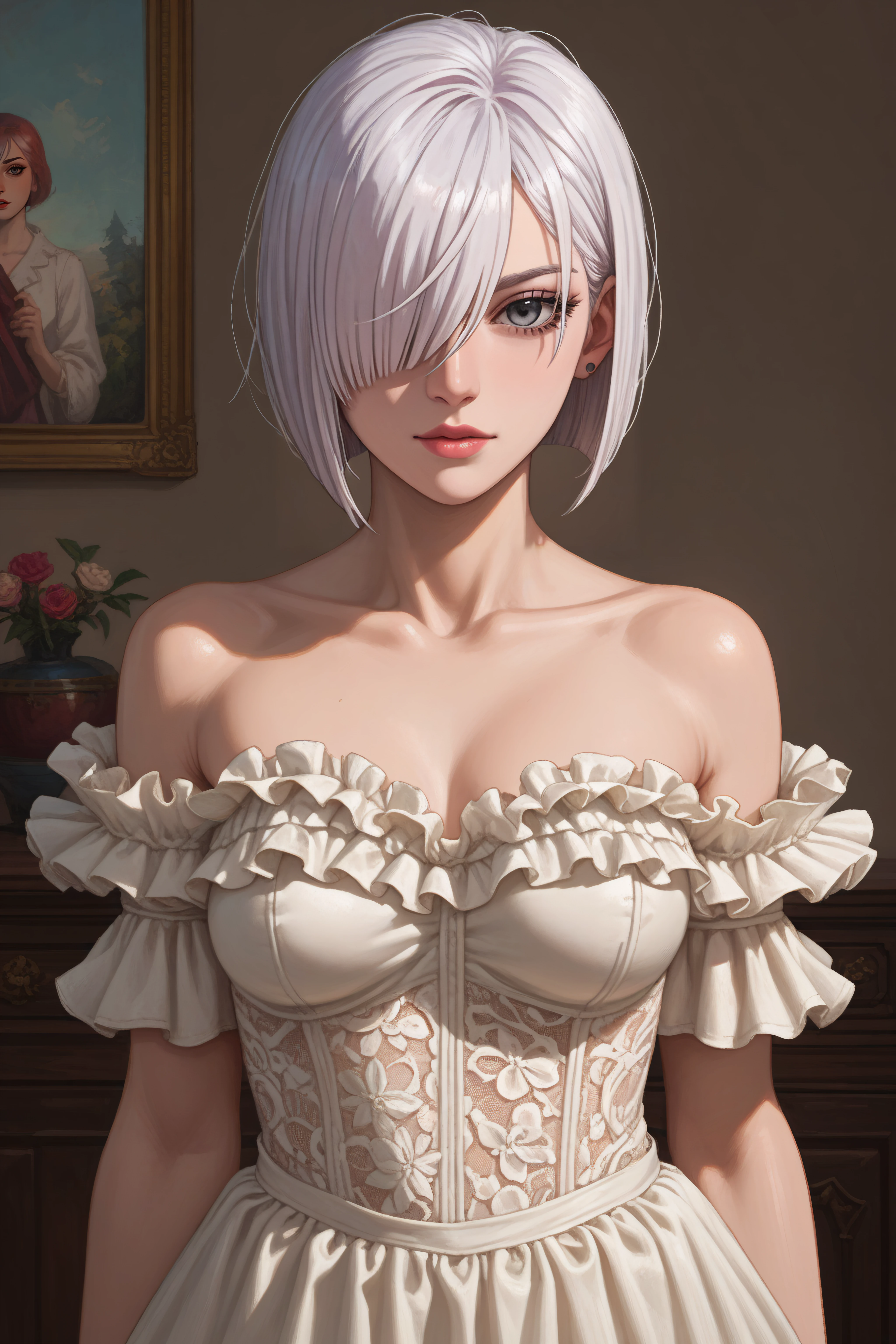 score_9, score_8_up, score_7_up, score_6_up, source_anime, BREAK, <lora:Fiona Frost-PonyXL-lora-Faxtron:0.8> fiona frost, grey eyes, white hair, short hair, hair over one eye, excessive tiered ruffle dress with layers of lace and chiffon