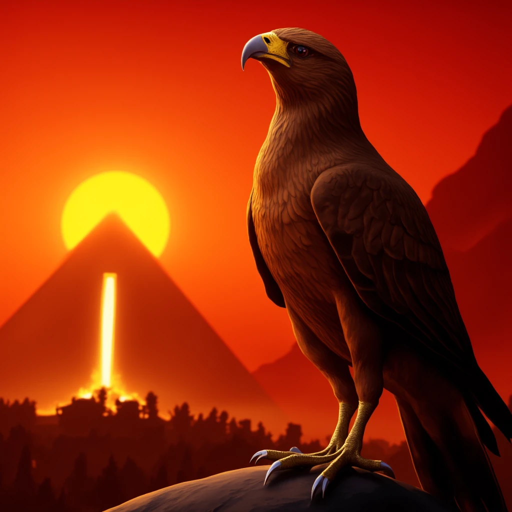 cinematic film still of  <lora:Egyptian mythology style v2:0.8>
In anime cartoon style a falcon bird with a sun in the background, perfect image, perfect body, perfect anatomy, sharp image, detailed image, Kodak film, high quality photography, Egyptian mythology style, solo, no humans, bird, animal, animal focus, red theme, beak, glowing, building, orange theme, destruction, red eyes, science fiction, monster, red sky, closeup, profile, shallow depth of field, vignette, highly detailed, high budget, bokeh, cinemascope, moody, epic, gorgeous, film grain, grainy