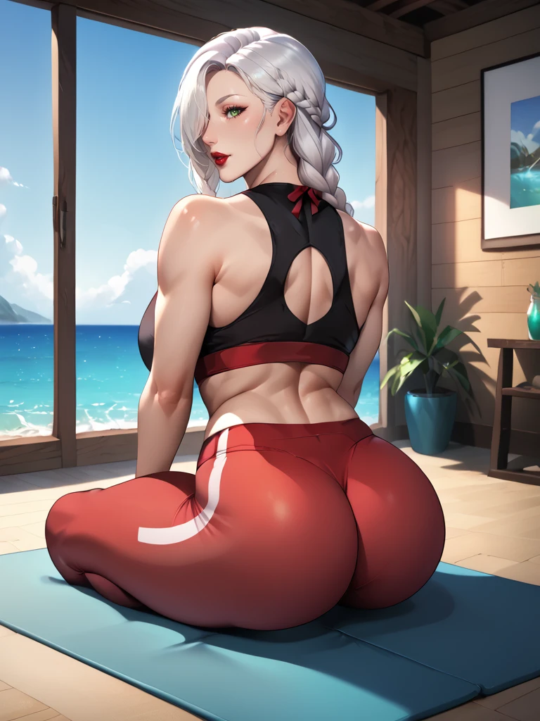 score_9, score_8_up, score_7_up, source_anime, mature female, milf, ivyfrost_ug, 1girl, green eyes, white hair, solo, single side braid, long hair, (hair over one eye), curvy, red lips, makeup, long hair, red legwear, bow in braid, yoga, yoga pose, yoga studio, window wall, yoga mat, calm, dawn, beach, ocean, sunrise, <lora:Ivy_Frost:0.6>