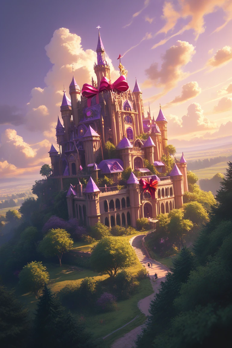 score_9, score_8_up, score_7_up, source_anime, rating_safe, natural lighting, fantasy-gift box structure focus, DaGB, DaGB_architecture, gift box, castle, tower, Nclutter, Mclutter, Lclutter, purple theme, outdoors, purple sky, cloud, purple trees, royal purple forest, scenery, from above, dutch angle, dynamic angle, intricately detailed illustration, atmospheric perspective, depth of field, masterpiece, best quality, amazing quality, very aesthetic, absurdres, newest, anime screencap