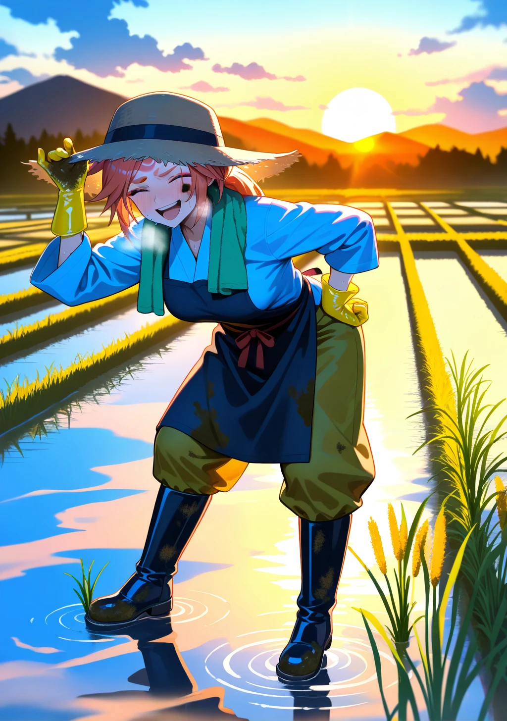 masterpiece, best quality, absurdres, perfect lighting,shiny skin,<lora:spo_sdxl_10ep_4k-data_lora_webui:0.7>,1girl,baiken, long sleeves,rubber gloves, rubber boots, apron, long pants,straw hat, towel around neck,squatting,one_hand_up,laughing,smile,hand on own hip,looking at viewer,sweat,blush,heavy breathing,rice paddy,grass,water,partially submerged,day, reflection, nature, blue sky, sun glare, mountain,cloudy sky,depth of field,glowing sunset, serene atmosphere, soft and warm lighting, natural setting, vibrant and whimsical,rice planting,<lora:rice planting:0.8>,mud,dirty face, dirty clothes,